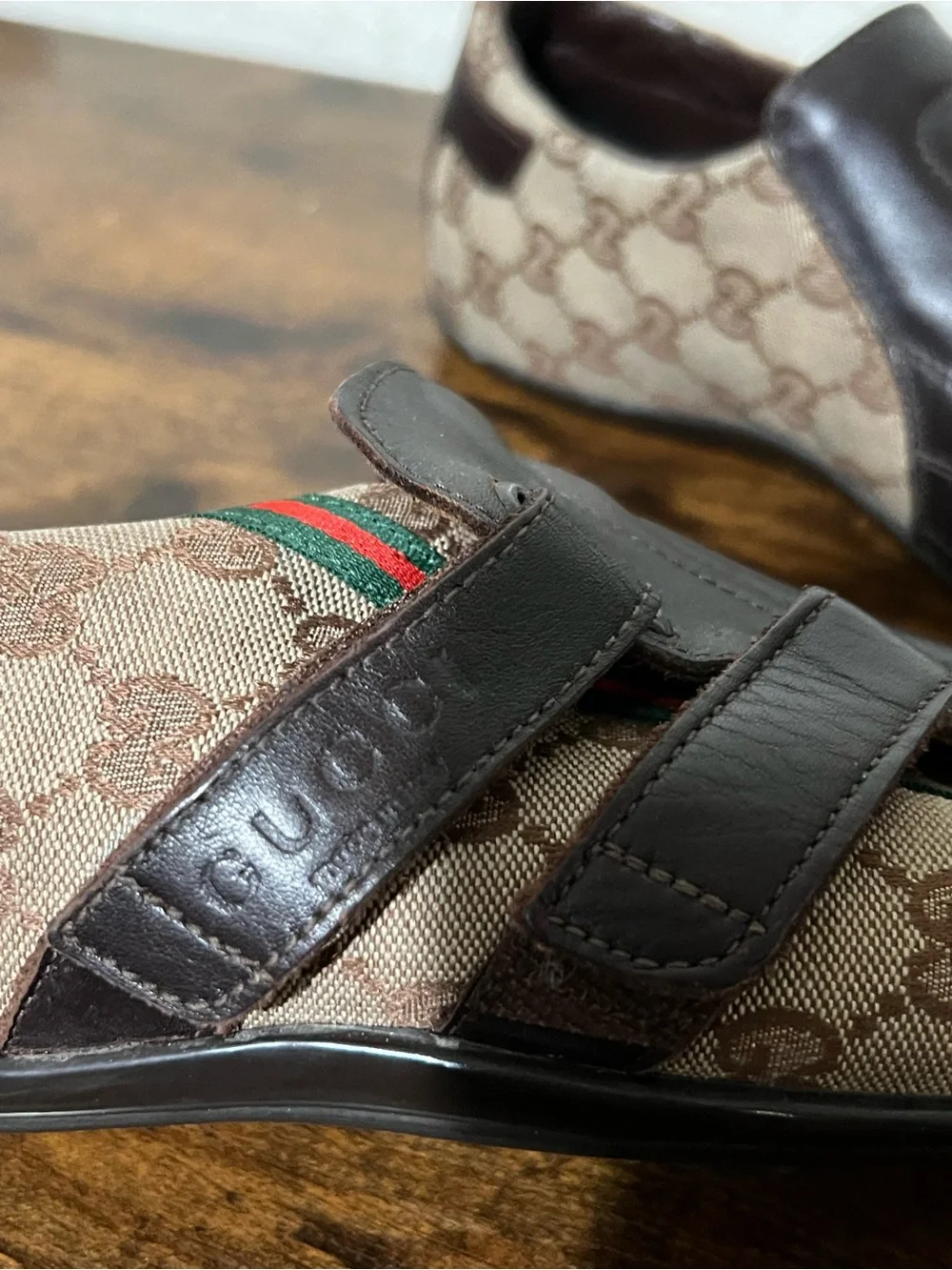 Gucci Brown GG Canvas & Dark Brown Leather Slip-Ons with Red-Green Stripe